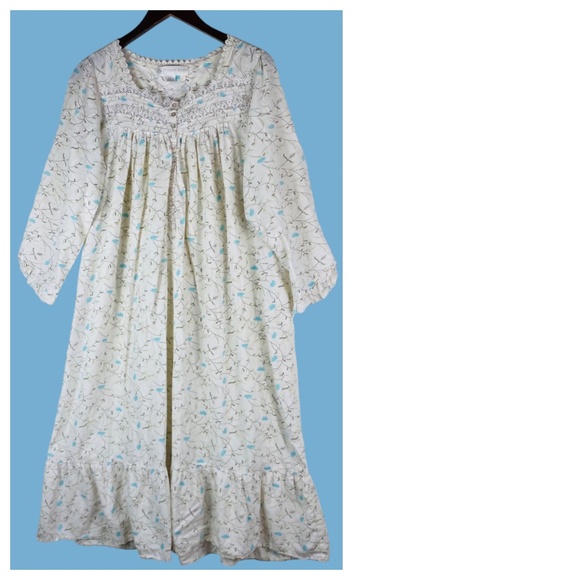 Eileen West Sz Medium 8 10 Nightgown Floral Lace Trim Ivory Blue Cotton - Picture 3 of 6